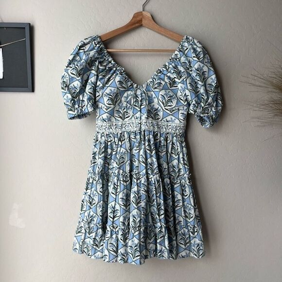 Agua by Agua Bendita Dress Manzanilla Floral Puff Sleeve Mini Dress Blue  Size XS